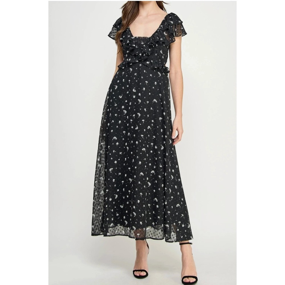 Koko Mason Maxi Dress Large Black Floral Ruffle Dark Romantic Whimsigoth Fairy